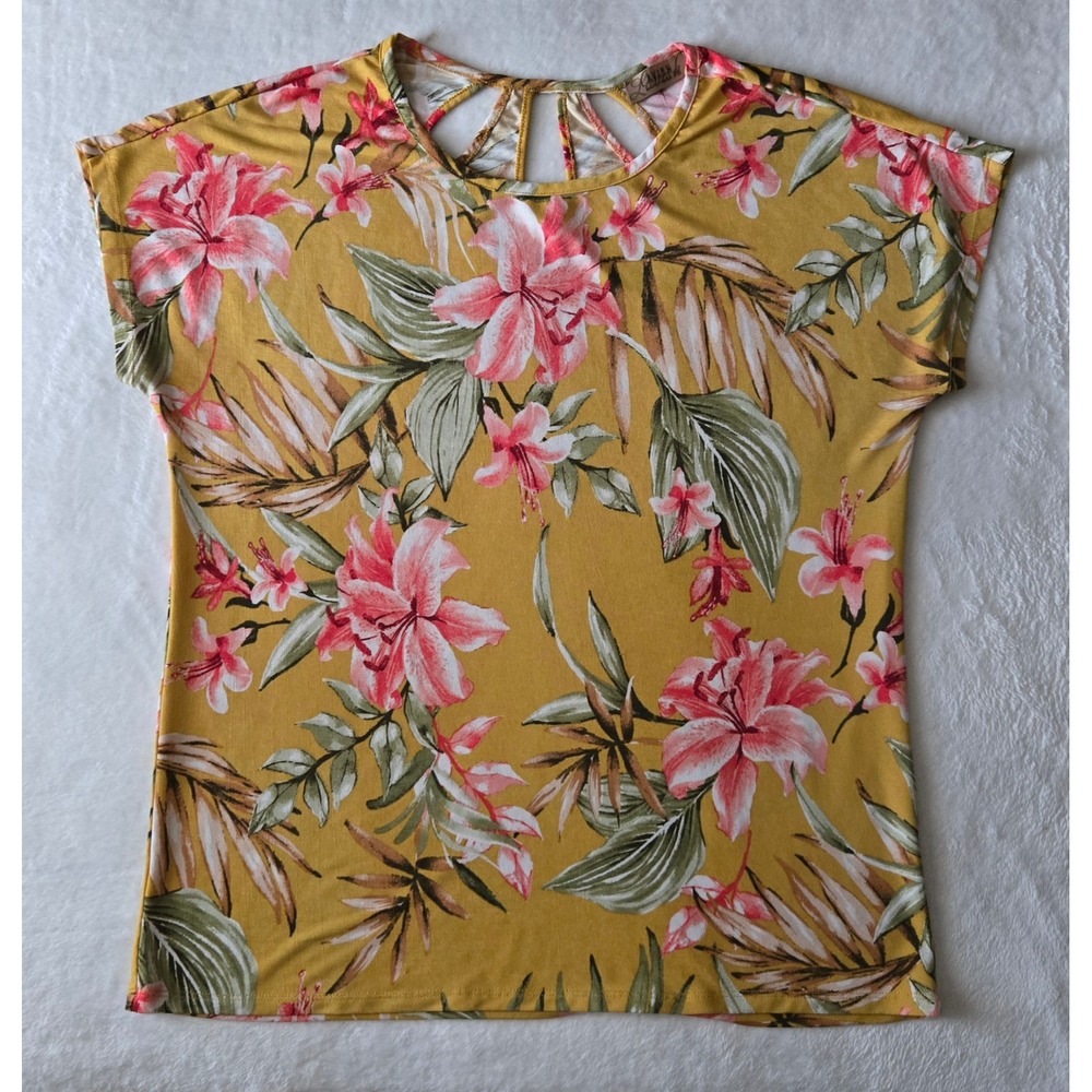 Lavish‎ Blouse Women Medium Mustard Yellow Tropical Floral Cutout Neckline